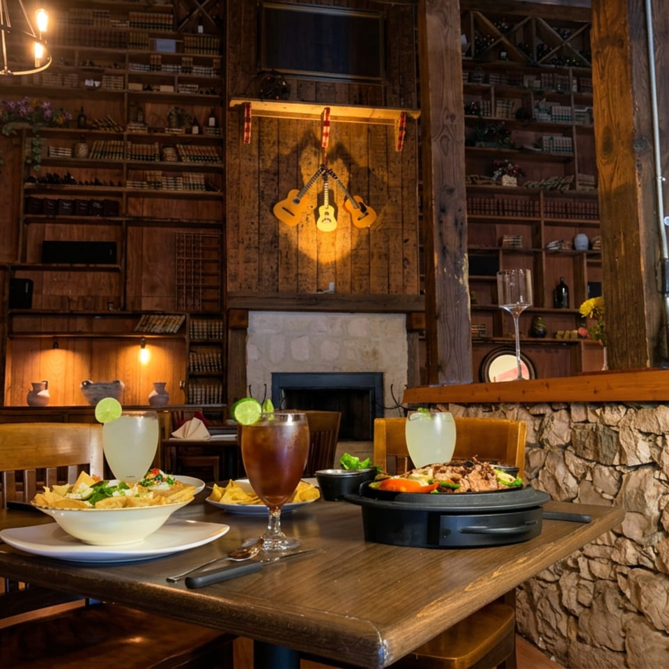Rustic restaurant dining room with wooden shelves, stone fireplace, guitars, and a table set with colorful dishes and drinks.