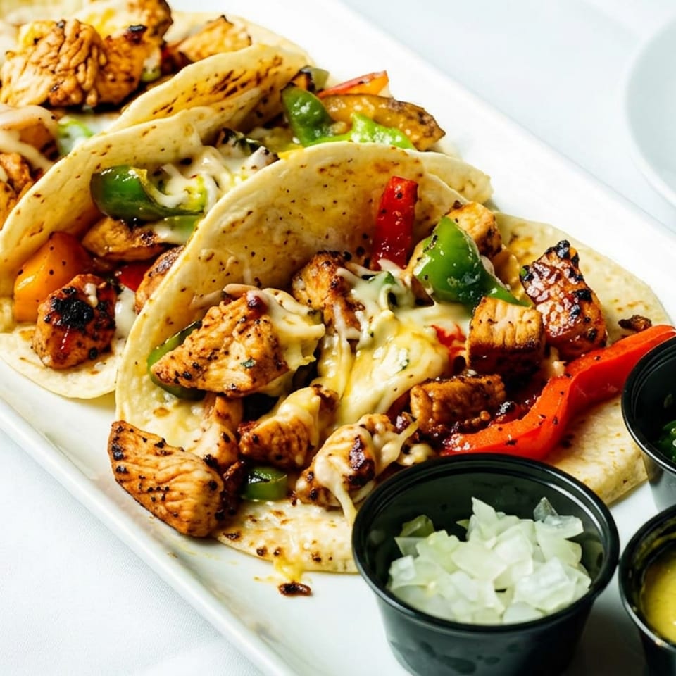 Three chicken tacos with grilled peppers, melted cheese, and salsa, served on a white platter with diced onions.
