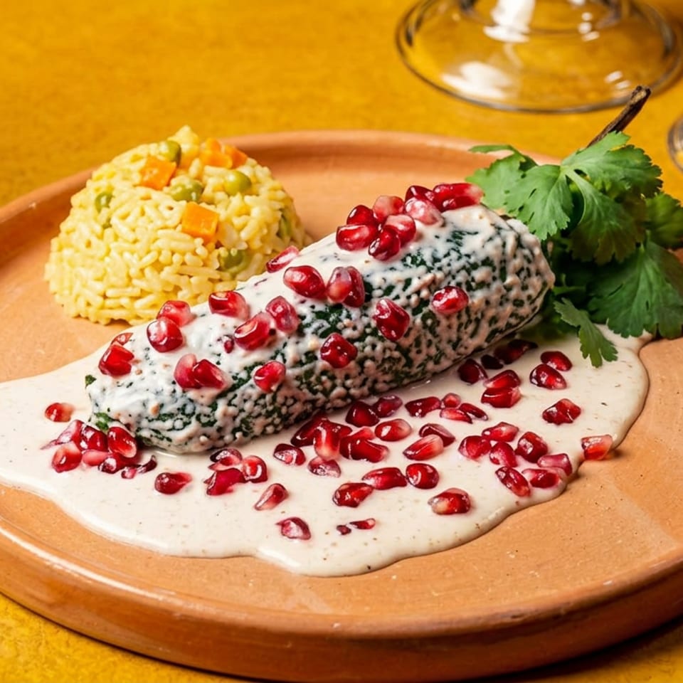 Grilled herb-crusted entrée with creamy sauce, pomegranate seeds, rice, and cilantro served on a terracotta plate.